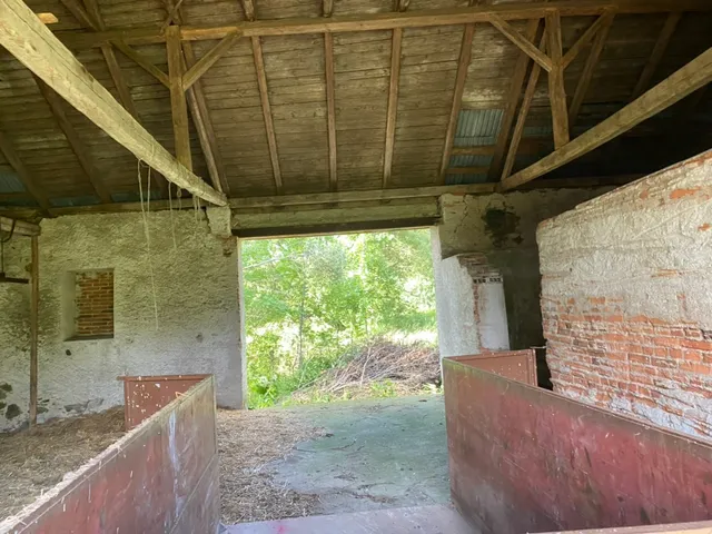 Průhled vraty ven — kotce po zvířatech čekají na vyklizení, průjezd na vybetonování… jednou.